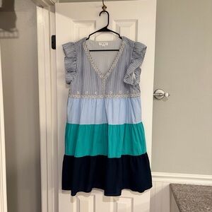 THML Tiered Flutter Sleeve Dress Blue White Large